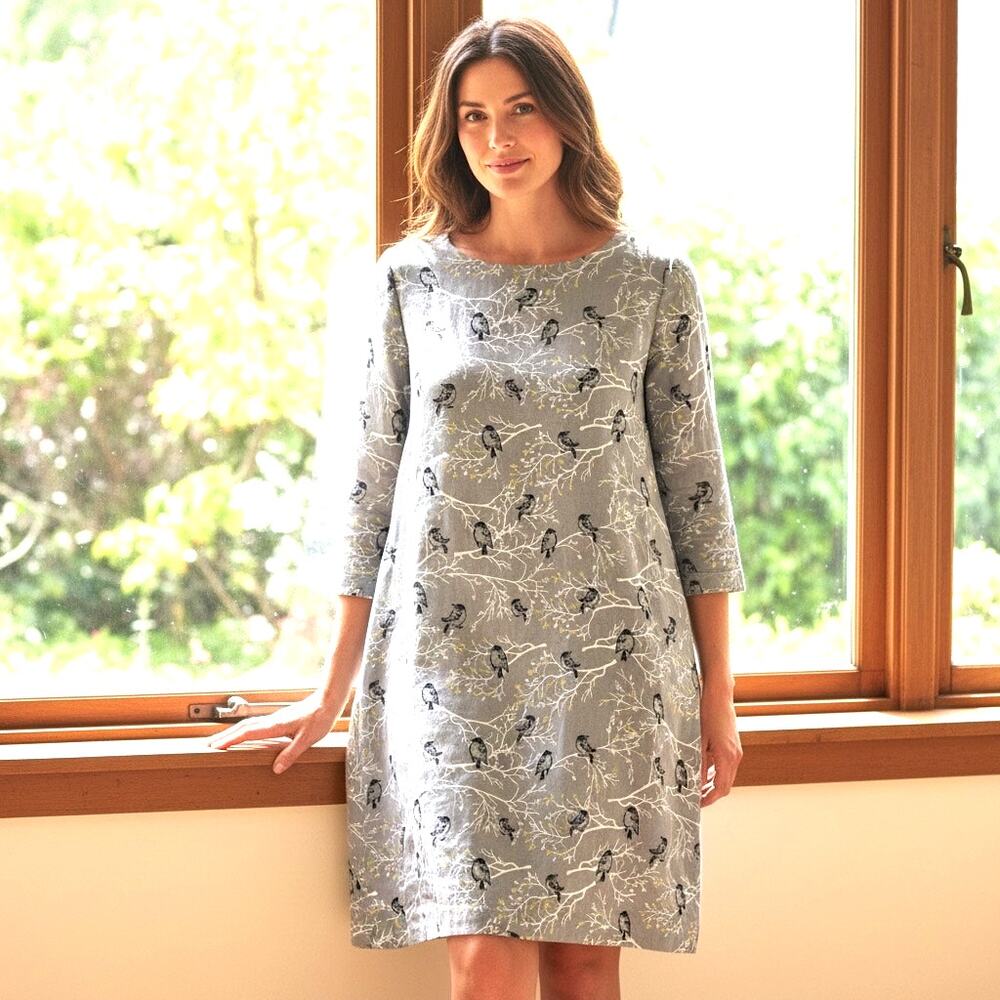 Handmade Dress Midi All Over Bird Pattern Gray Long Sleeve Boho Casual